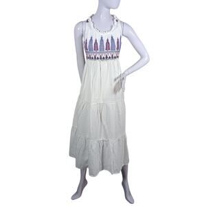 RAGA Panama Cotton Embroidered Tiered Maxi Dress Size Small White Purple